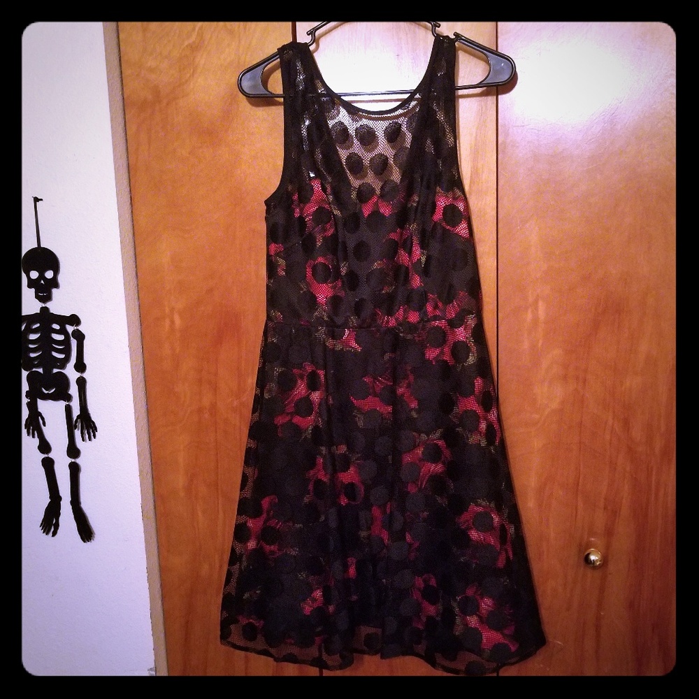 Polka Dot Mesh & Floral Print Illusion Dress